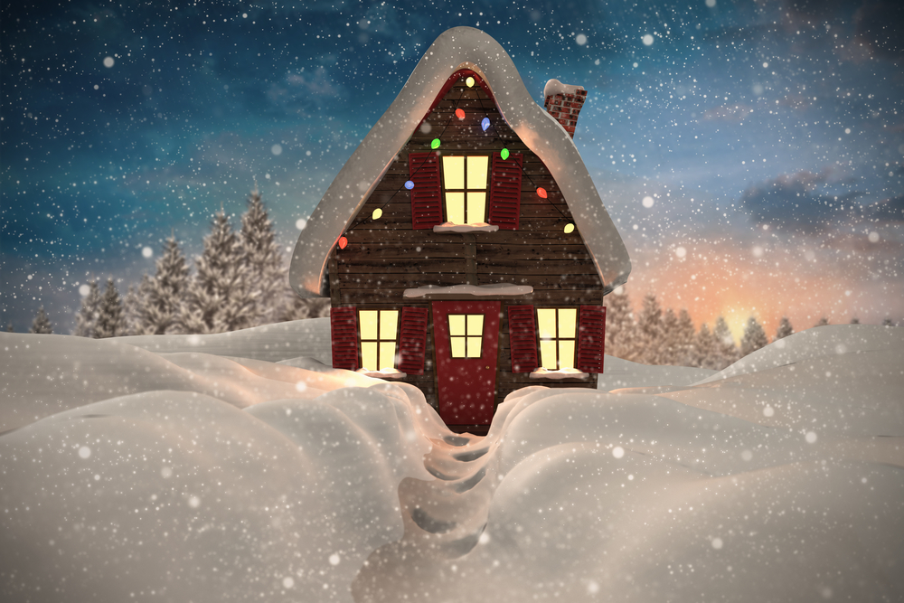Composite image of christmas house against fir tree forest in snowy landscape